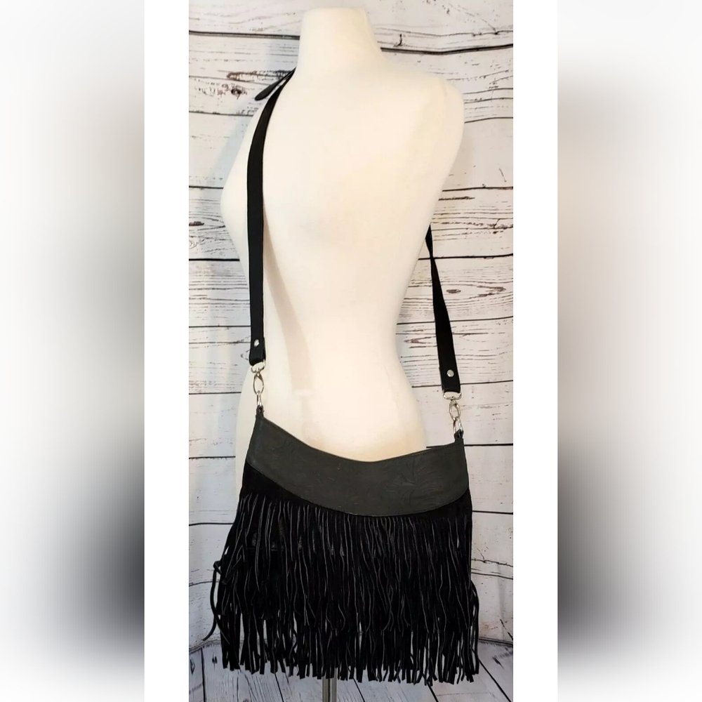 American Leather Black Suede Leather Fringe Crossbody Bag Purse *NICE!*